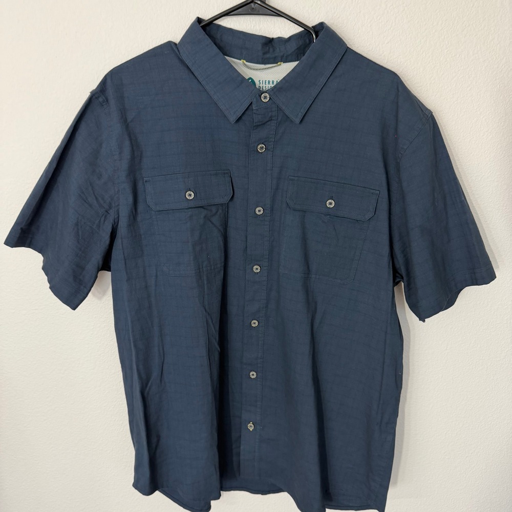 Sierra Designs Tech Shirt Mens XL Navy Blue Good Short Sleeve Button Up 1679684